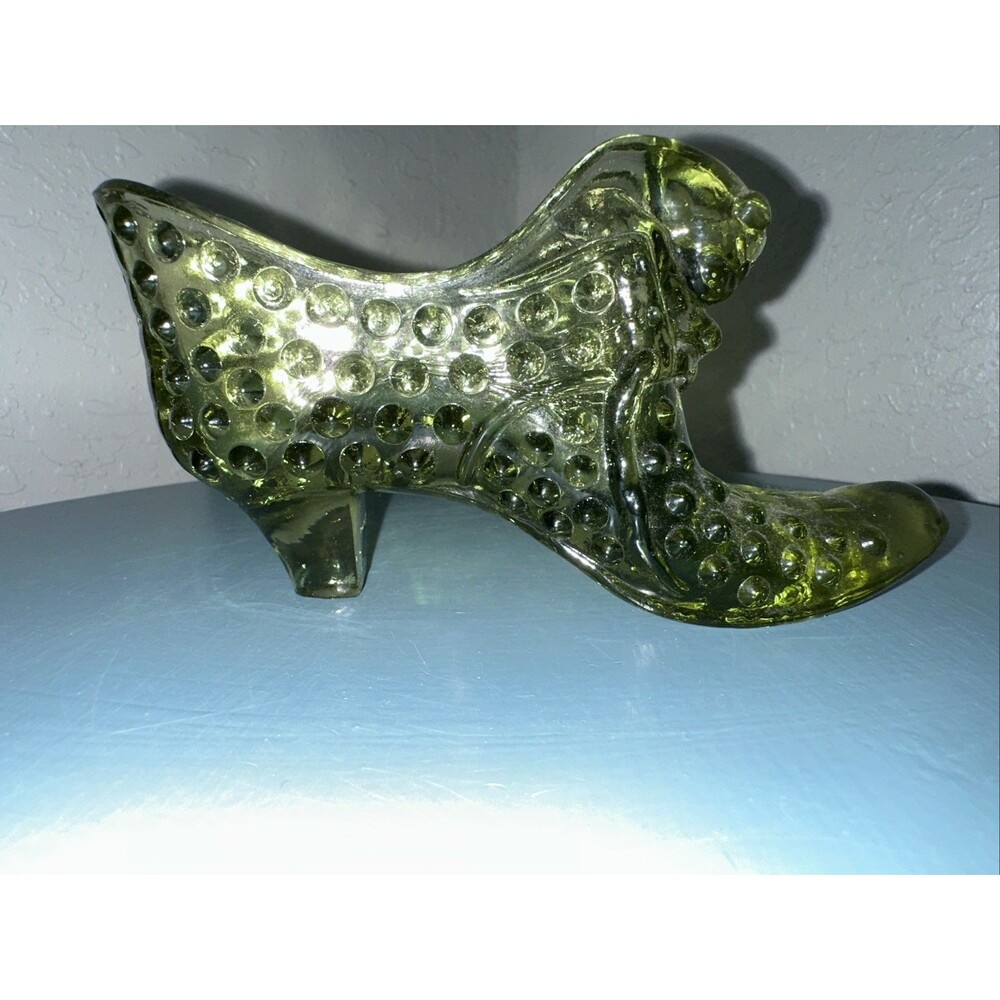 Vintage Fenton Art Glass Olive Green Shoe Slipper Heel Boot  5.5” Hobnail